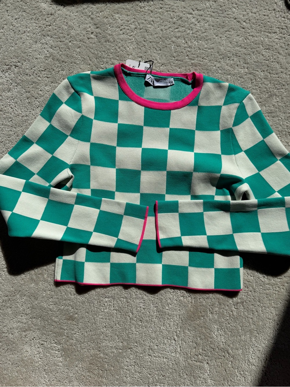 Zara Green and White Checkerboard Knit Sweater with Pink Trim